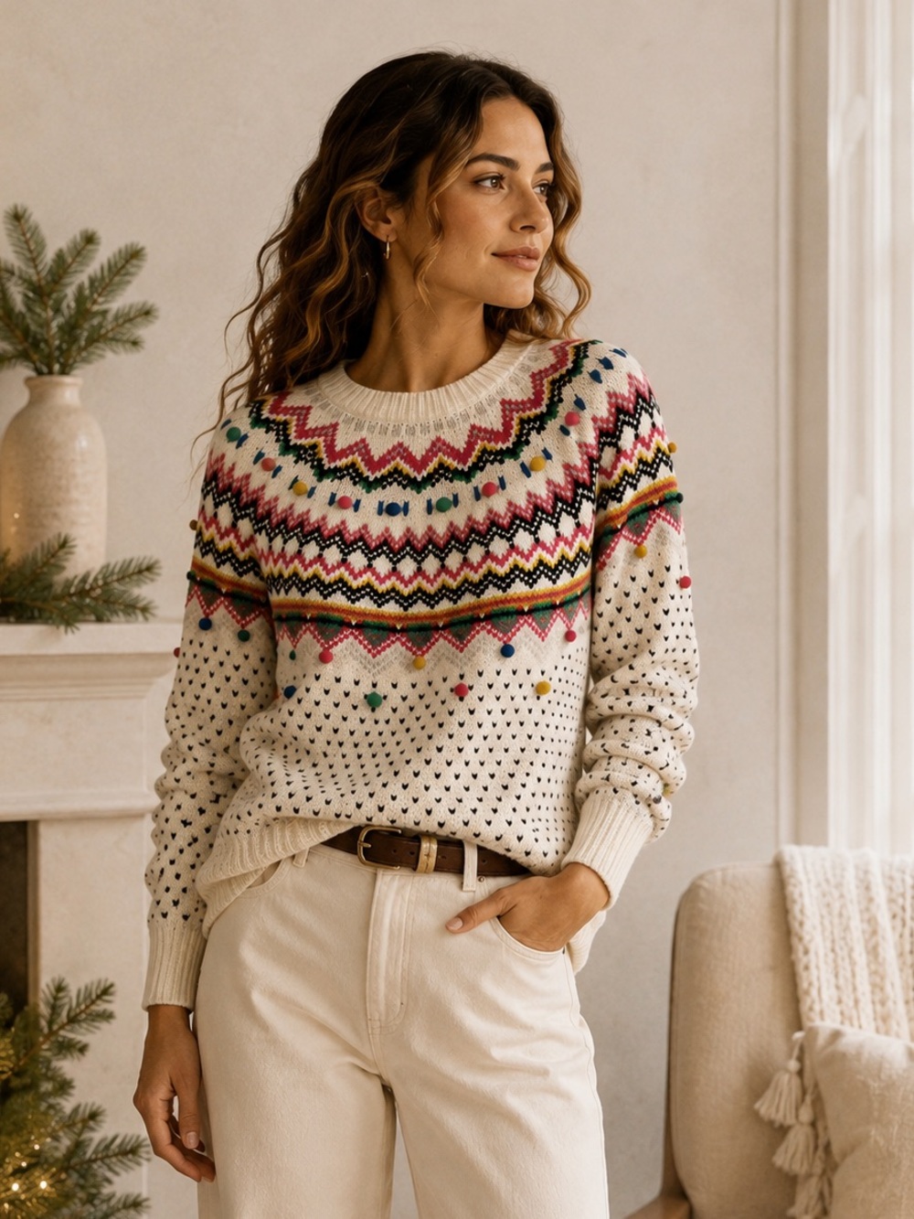Talbots Fair Isle Pom Pom Sweater Ivory Multicolor Nordic Wool Blend Small